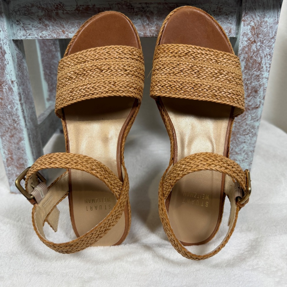 Stuart Weitzman Barbados Wedge Sandals Women 5.5 Tan Woven Platform Ankle Strap - Picture 6 of 11